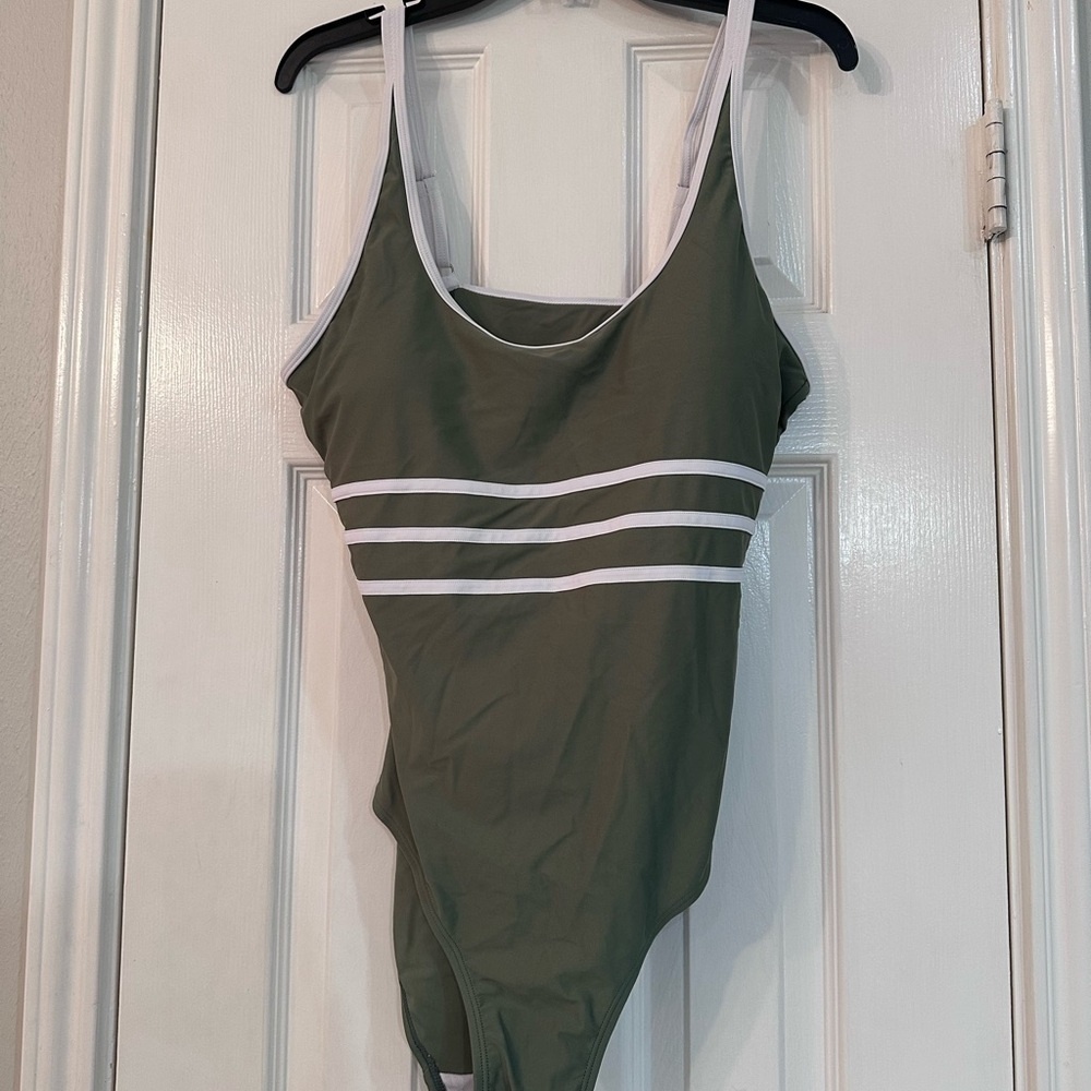 Sleek Green‎ One-Piece Swimsuit with White Trim